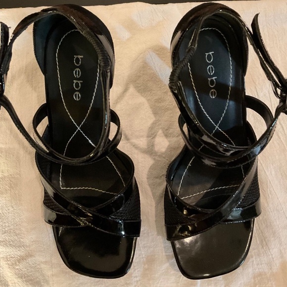 Bebe Black Leather Strappy Sandals Stiletto Heels Size 8 "Fetish" - Picture 5 of 7